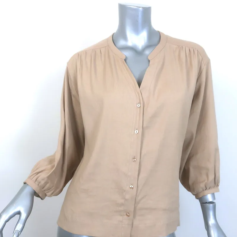 Cuyana Blouse à boutonnage devant en lin mélangé beige taille petite haut à manches 3/4