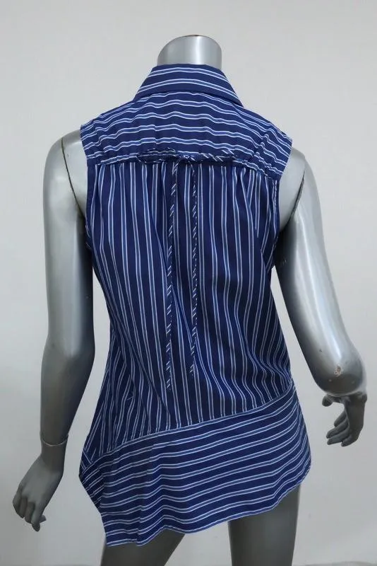 Derek Lam 10 Crosby Chemise Asymétrique Sans Manches Rayée Bleue en Coton Taille 4