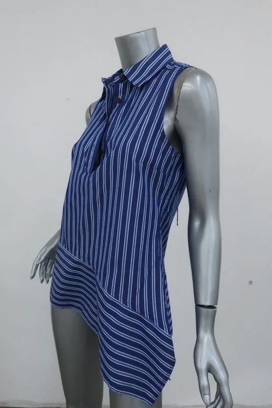 Derek Lam 10 Crosby Chemise Asymétrique Sans Manches Rayée Bleue en Coton Taille 4