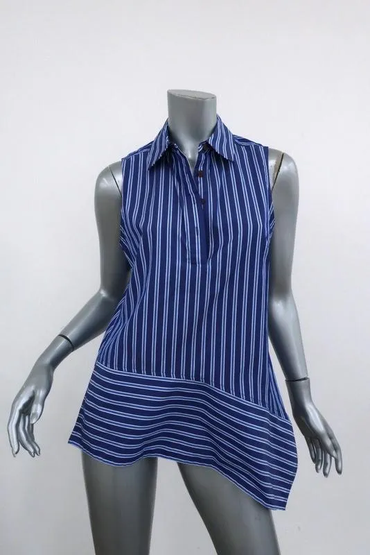 Derek Lam 10 Crosby Chemise Asymétrique Sans Manches Rayée Bleue en Coton Taille 4