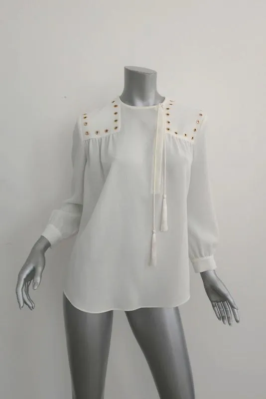Derek Lam 10 Crosby Blouse Crème en Crêpe avec Passementerie Taille 4 Haut à Manches Longues NEUF