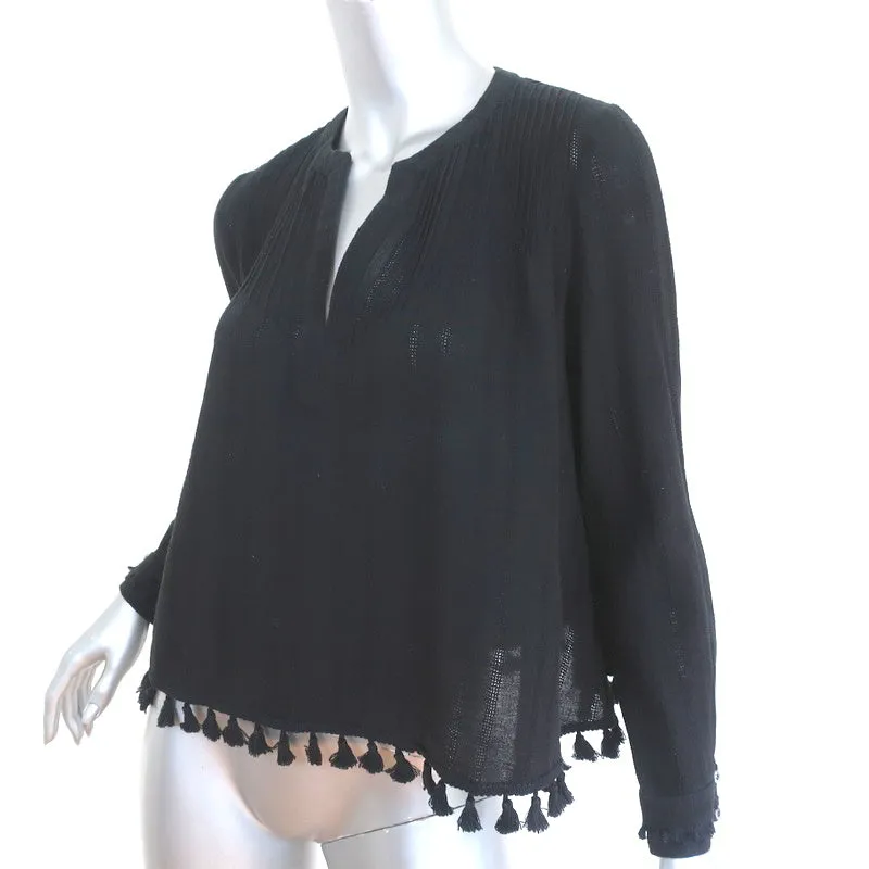 Derek Lam 10 Crosby Blouse à Pompons Noir en Coton avec Pinces Taille 0 à Manches Longues