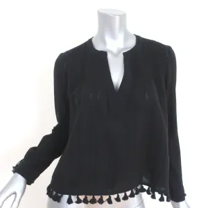 Derek Lam 10 Crosby Tassel Top Black Pintucked Cotton Size 0 Long Sleeve Blouse