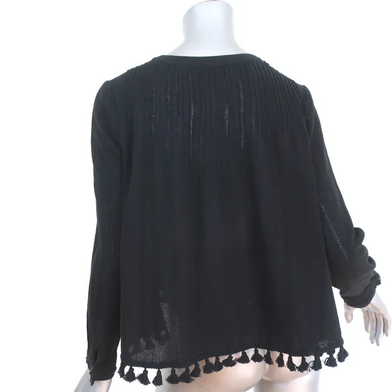 Derek Lam 10 Crosby Blouse à Pompons Noir en Coton avec Pinces Taille 0 à Manches Longues