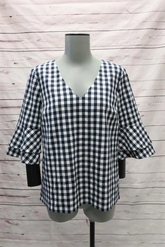 Draper James Gingham Chemise à Manches Cloche Bleu Marine/Blanc Taille 2 Col en V NEUVE