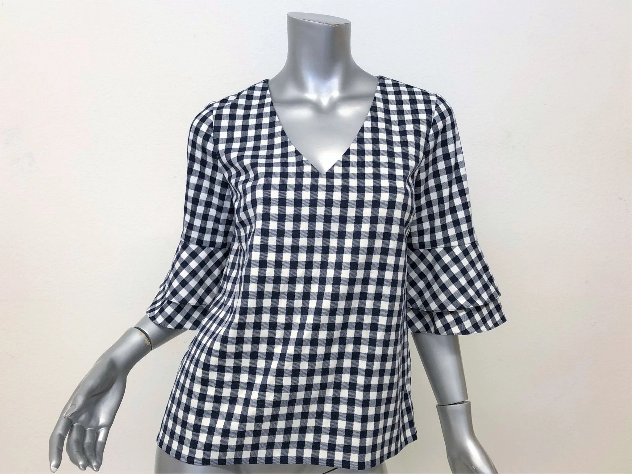 Draper James Gingham Chemise à Manches Cloche Bleu Marine/Blanc Taille 2 Col en V NEUVE