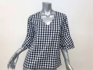 Draper James Gingham Bell Sleeve Top Navy/White Size 2 V-Neck Blouse NEW