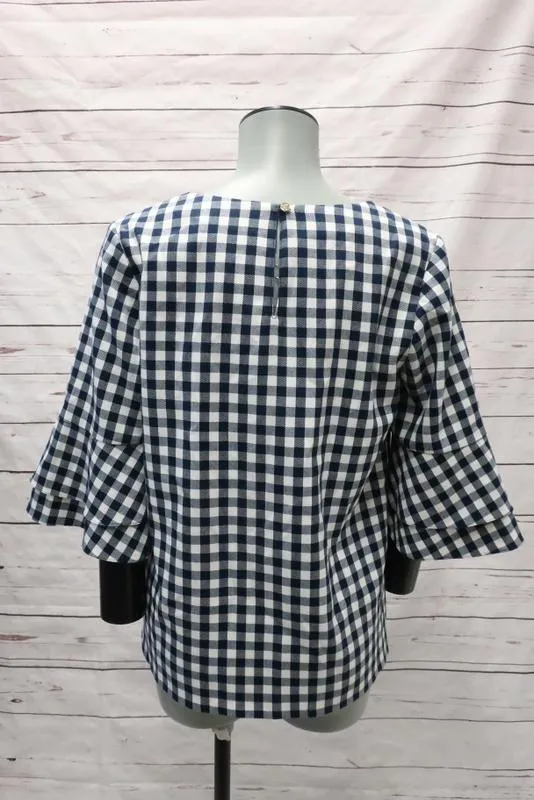 Draper James Gingham Chemise à Manches Cloche Bleu Marine/Blanc Taille 2 Col en V NEUVE