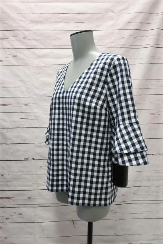Draper James Gingham Chemise à Manches Cloche Bleu Marine/Blanc Taille 2 Col en V NEUVE