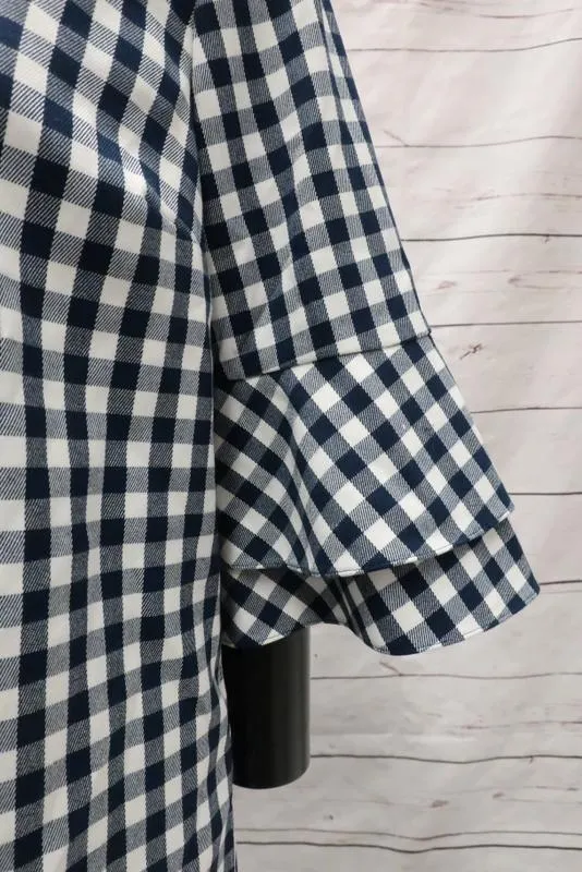Draper James Gingham Chemise à Manches Cloche Bleu Marine/Blanc Taille 2 Col en V NEUVE