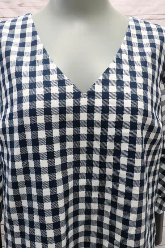 Draper James Gingham Chemise à Manches Cloche Bleu Marine/Blanc Taille 2 Col en V NEUVE