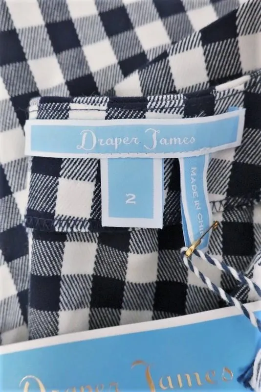 Draper James Gingham Chemise à Manches Cloche Bleu Marine/Blanc Taille 2 Col en V NEUVE