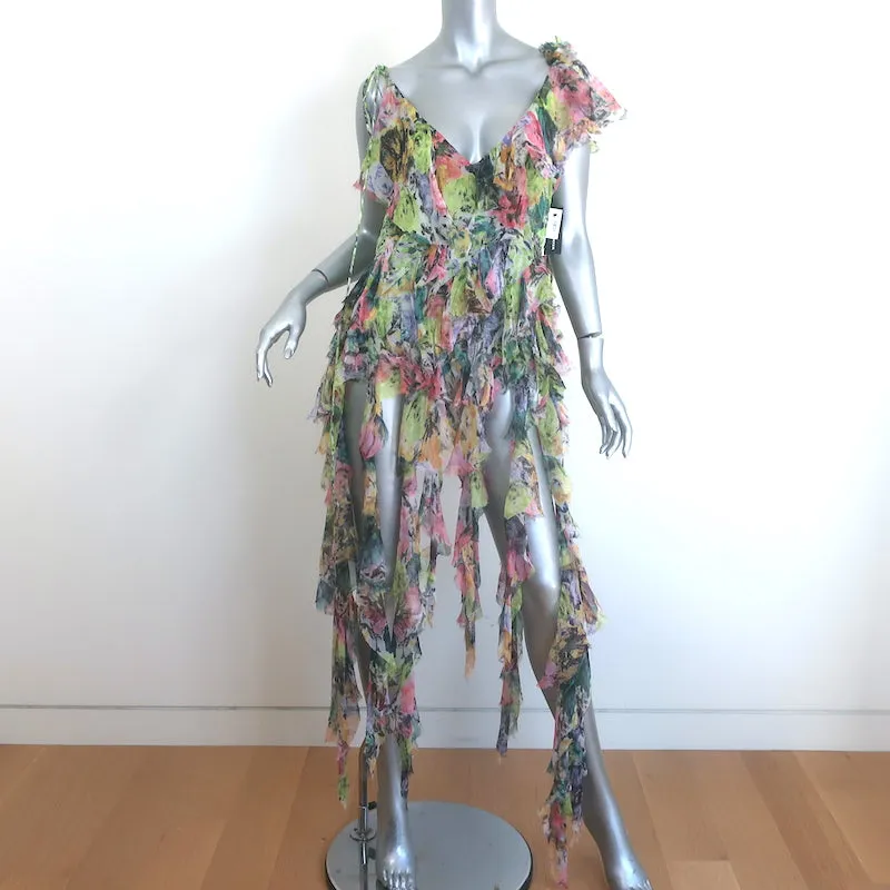 Dries Van Noten Haut asymétrique à volants multicolore en chiffon imprimé Taille 40 NEUF