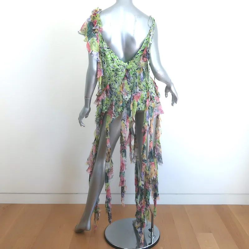 Dries Van Noten Haut asymétrique à volants multicolore en chiffon imprimé Taille 40 NEUF