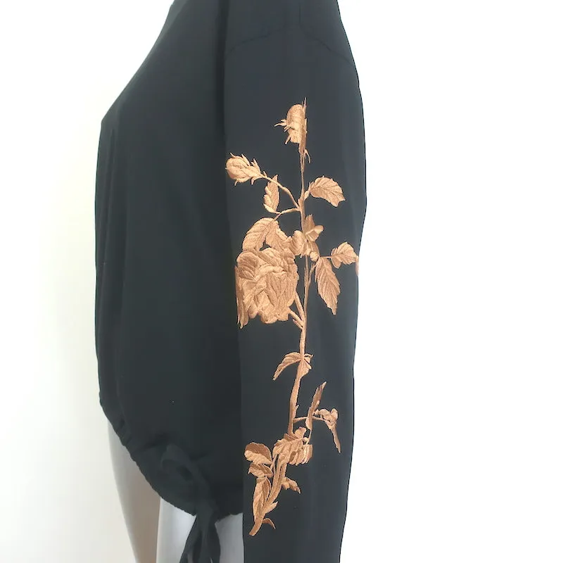 Dries Van Noten Haut à manches longues brodé floral en coton noir Taille S