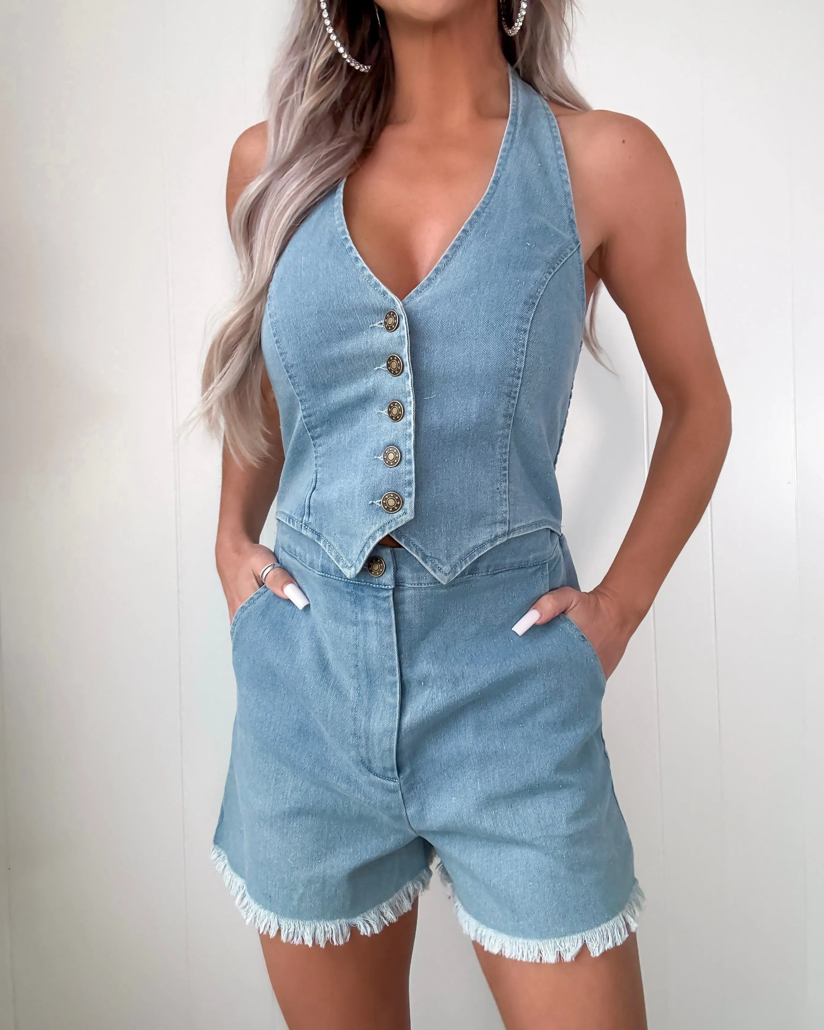 Combinaison-Short à Boutons Facile à Porter - Denim