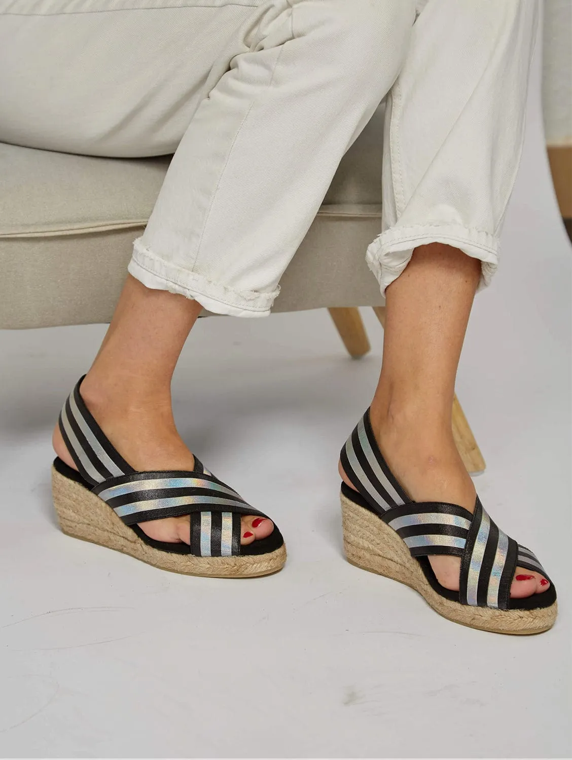 Sandales compensées en jute vegan élastique | Métallisé