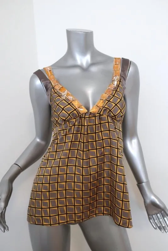 Etro Haut à bretelles croisées en twill de soie imprimé jaune/gris avec perles Taille 44