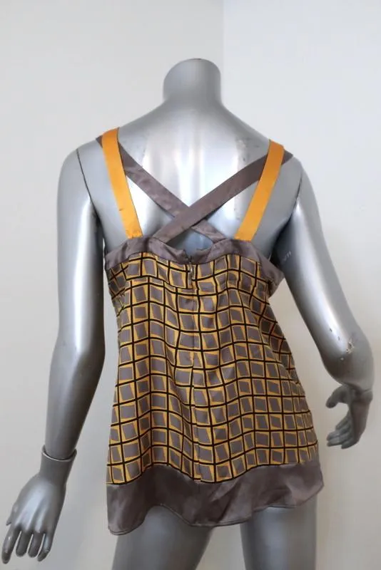 Etro Haut à bretelles croisées en twill de soie imprimé jaune/gris avec perles Taille 44