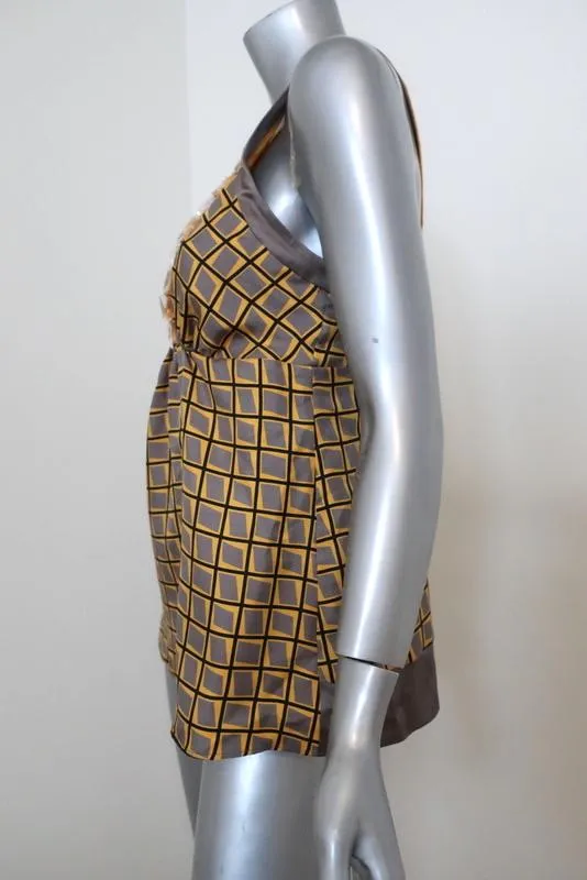 Etro Haut à bretelles croisées en twill de soie imprimé jaune/gris avec perles Taille 44