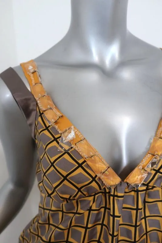 Etro Haut à bretelles croisées en twill de soie imprimé jaune/gris avec perles Taille 44