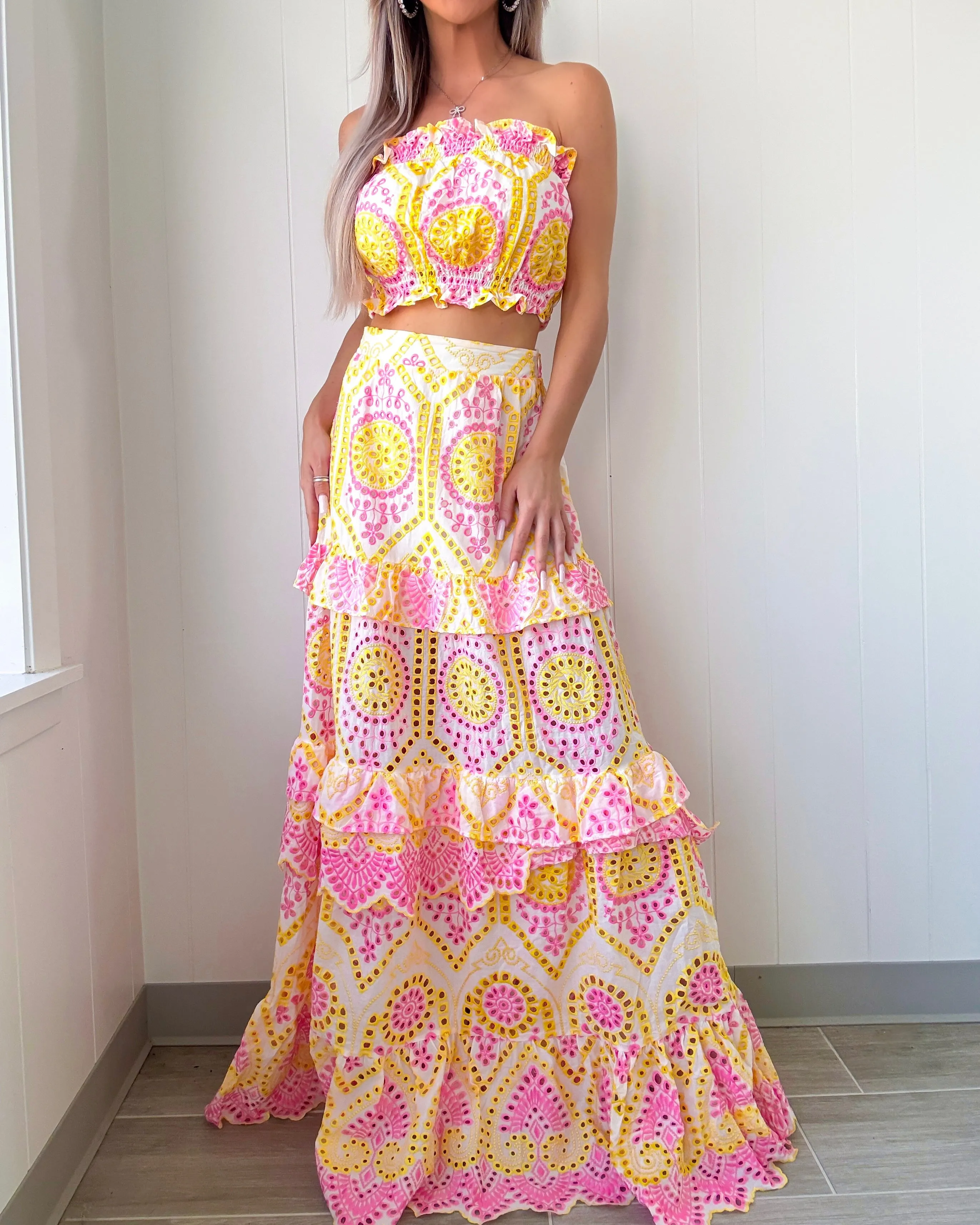 Ensemble Jupe à Œillets Fleur de Vie - Jaune/Fuchsia