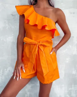 Flirtatious Twill Tie One Shoulder Romper - Orange
