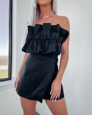 Flirty Off the Shoulder Ruffle Romper - Black