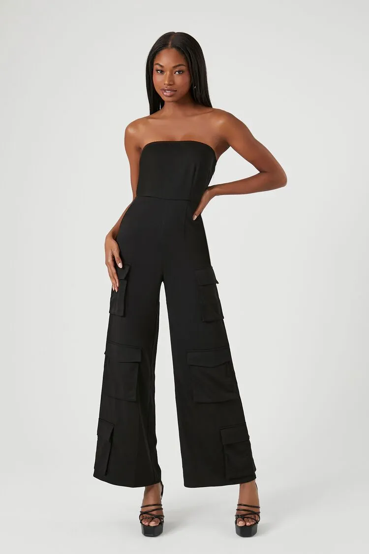 Forever 21 Combinaison Cargo Femme en Satin Noir à Jambes Évasées