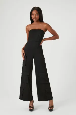 Forever 21 Women's Satin Tube Wide-Leg Cargo Jumpsuit Black Forever 21