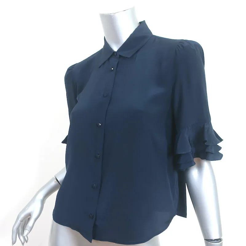 FRAME Chemise à boutons froncée en soie marine Taille Très Petite Manches courtes Blouse