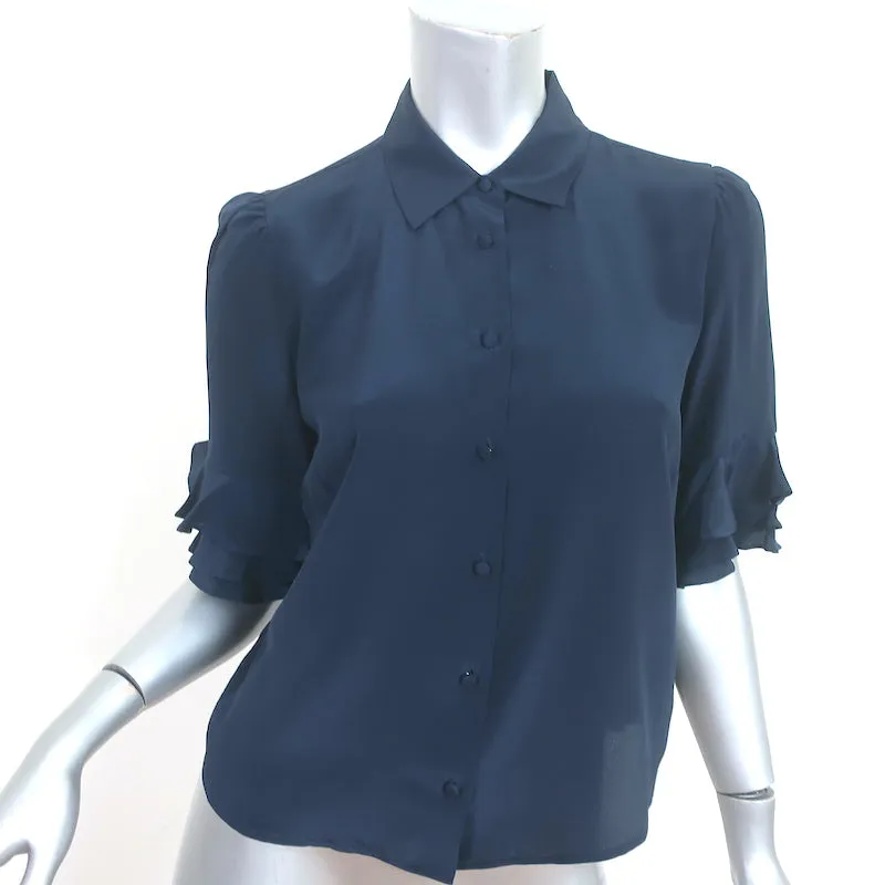 FRAME Chemise à boutons froncée en soie marine Taille Très Petite Manches courtes Blouse