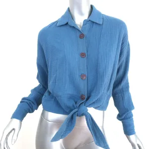 Free People Sunstreaks Tie Front Blouse Blue Size Extra Small Long Sleeve Top