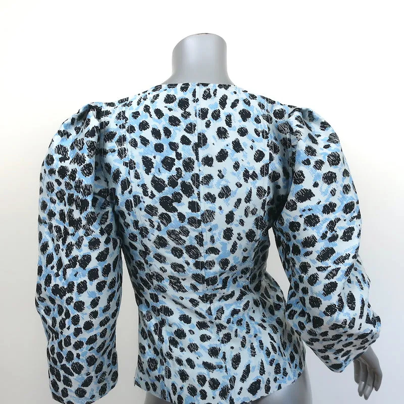 GANNI Blouse Léopard Bleu Jacquard Croquant Taille 34 Manches Bouffantes NEUVE