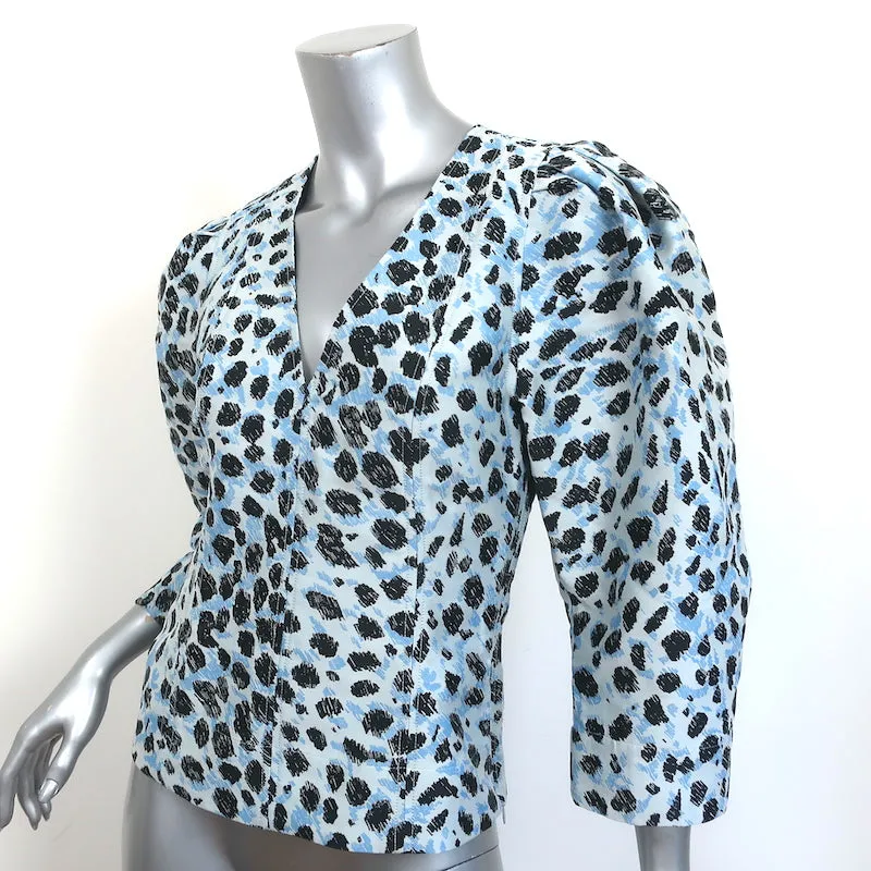 GANNI Blouse Léopard Bleu Jacquard Croquant Taille 34 Manches Bouffantes NEUVE