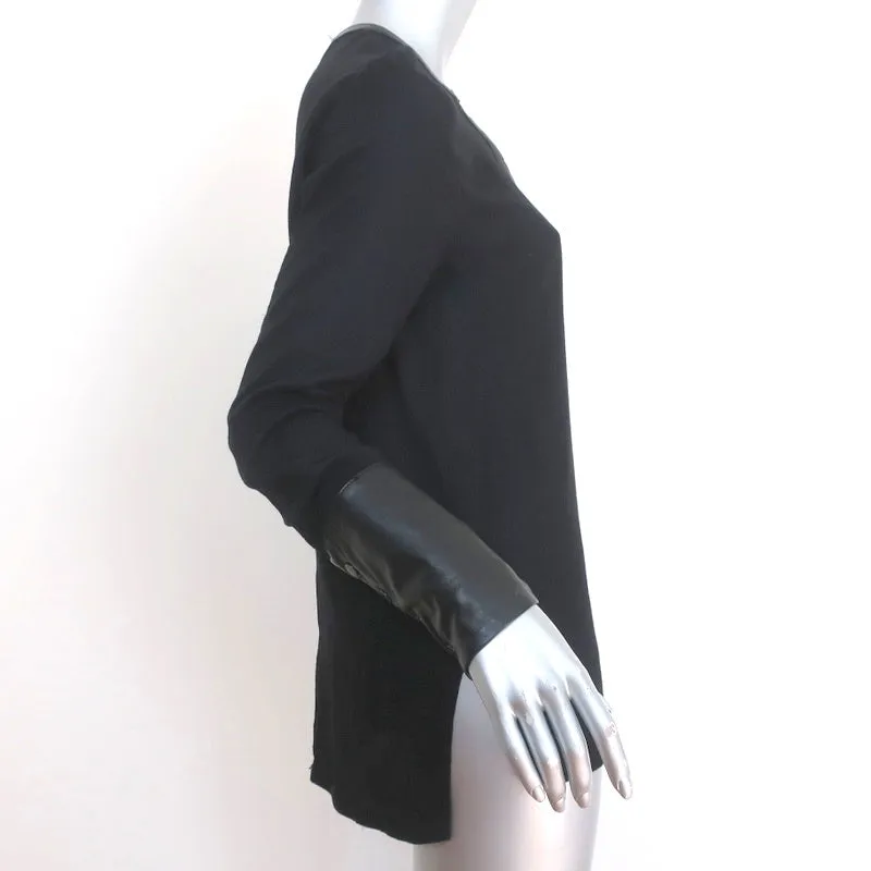 Helmut Lang Blouse Noire en Viscose avec Garniture en Cuir Taille Petite Manches Longues