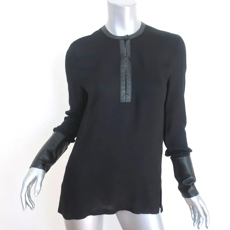 Helmut Lang Blouse Noire en Viscose avec Garniture en Cuir Taille Petite Manches Longues