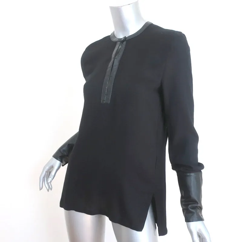 Helmut Lang Blouse Noire en Viscose avec Garniture en Cuir Taille Petite Manches Longues