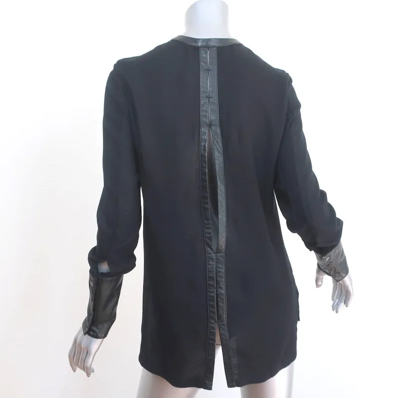 Helmut Lang Blouse Noire en Viscose avec Garniture en Cuir Taille Petite Manches Longues