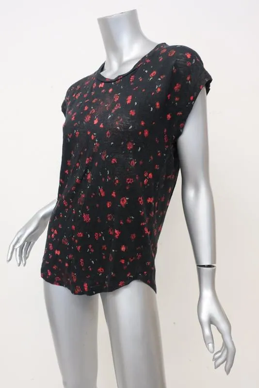 Tee IRO Fusia Noir/Rouge Imprimé Floral en Lin Taille Medium Haut à Manches Courtes
