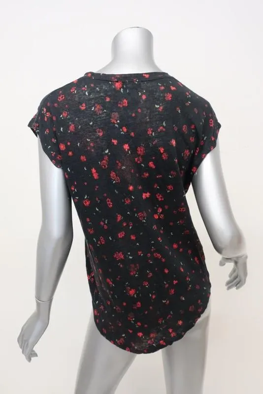 Tee IRO Fusia Noir/Rouge Imprimé Floral en Lin Taille Medium Haut à Manches Courtes