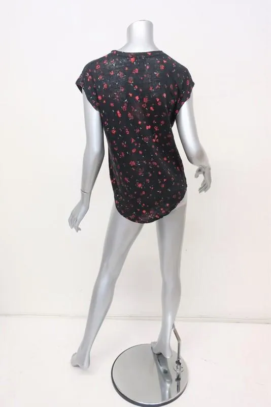 Tee IRO Fusia Noir/Rouge Imprimé Floral en Lin Taille Medium Haut à Manches Courtes