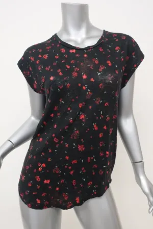 IRO Tee Fusia Black/Red Floral Print Linen Size Medium Cap Sleeve Top