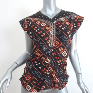 Isabel Marant Embroidered Top Black Printed Silk Size 40 Tie-Back Blouse