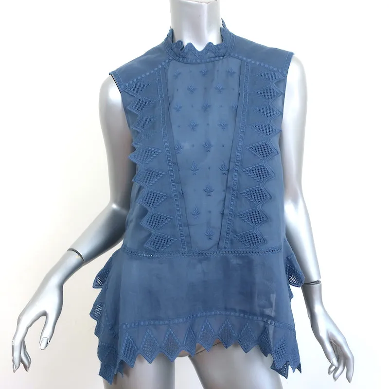 Isabel Marant Blouse Brodée Nust Bleu Ramie Taille 34 Sans Manches