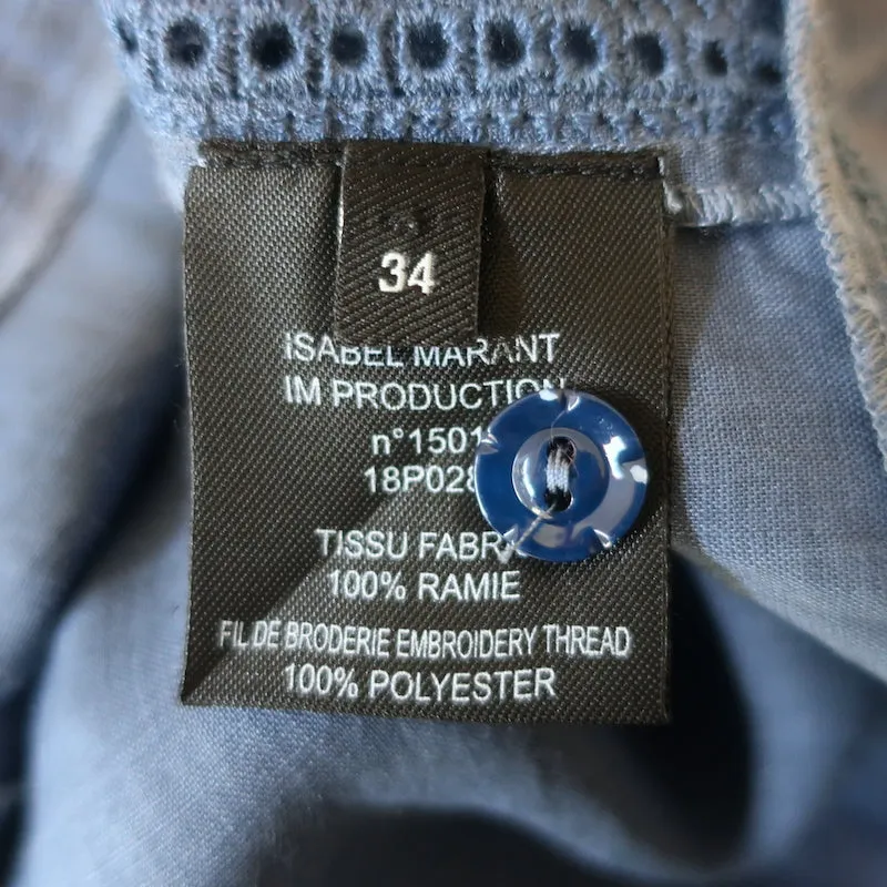 Isabel Marant Blouse Brodée Nust Bleu Ramie Taille 34 Sans Manches