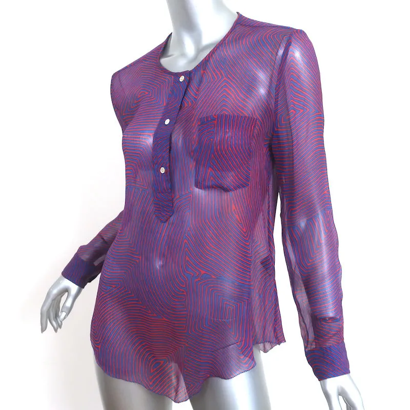 Isabel Marant Etoile Blouse Rouge/Bleu Imprimé Labyrinthe en Chiffon Taille 36 Haut à Manches Longues