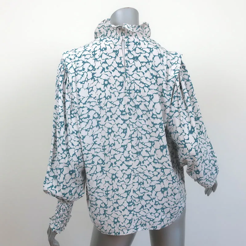Isabel Marant Etoile Blouse à Col Haut Yoshi Imprimé Soie Blanc/Bleu Taille 38
