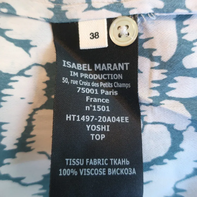 Isabel Marant Etoile Blouse à Col Haut Yoshi Imprimé Soie Blanc/Bleu Taille 38