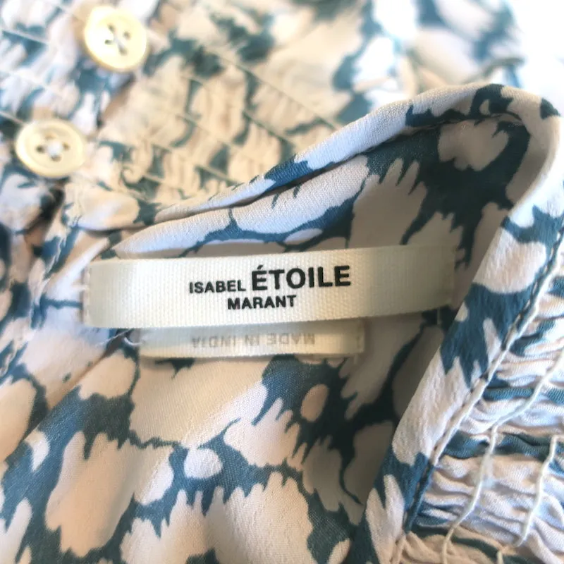 Isabel Marant Etoile Blouse à Col Haut Yoshi Imprimé Soie Blanc/Bleu Taille 38